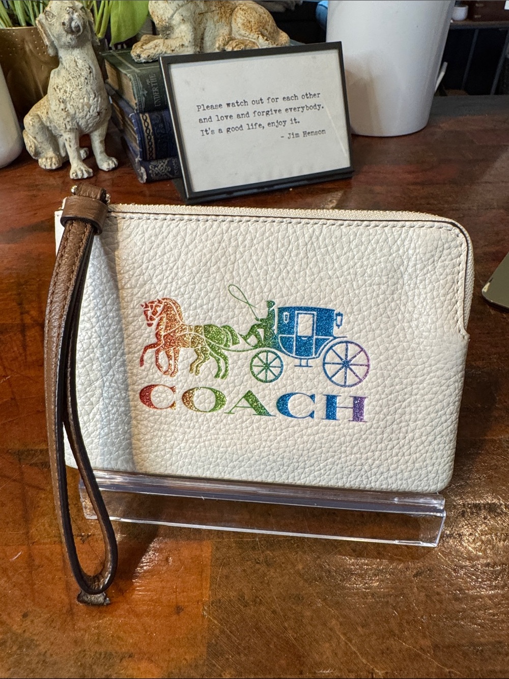 Coach White Pebbled Leather Wristlet with Rainbow Coach Logo